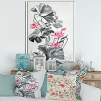 DesignArt „Пинк гроздобер лотос цвет и монохроматски лисја“ Традиционално врамено платно wallидно уметности