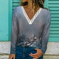 Royallove Женска Мода Секојдневен Долг Ракав Цвет Печатење Чипка V - Вратот Пуловер Врвот Блуза
